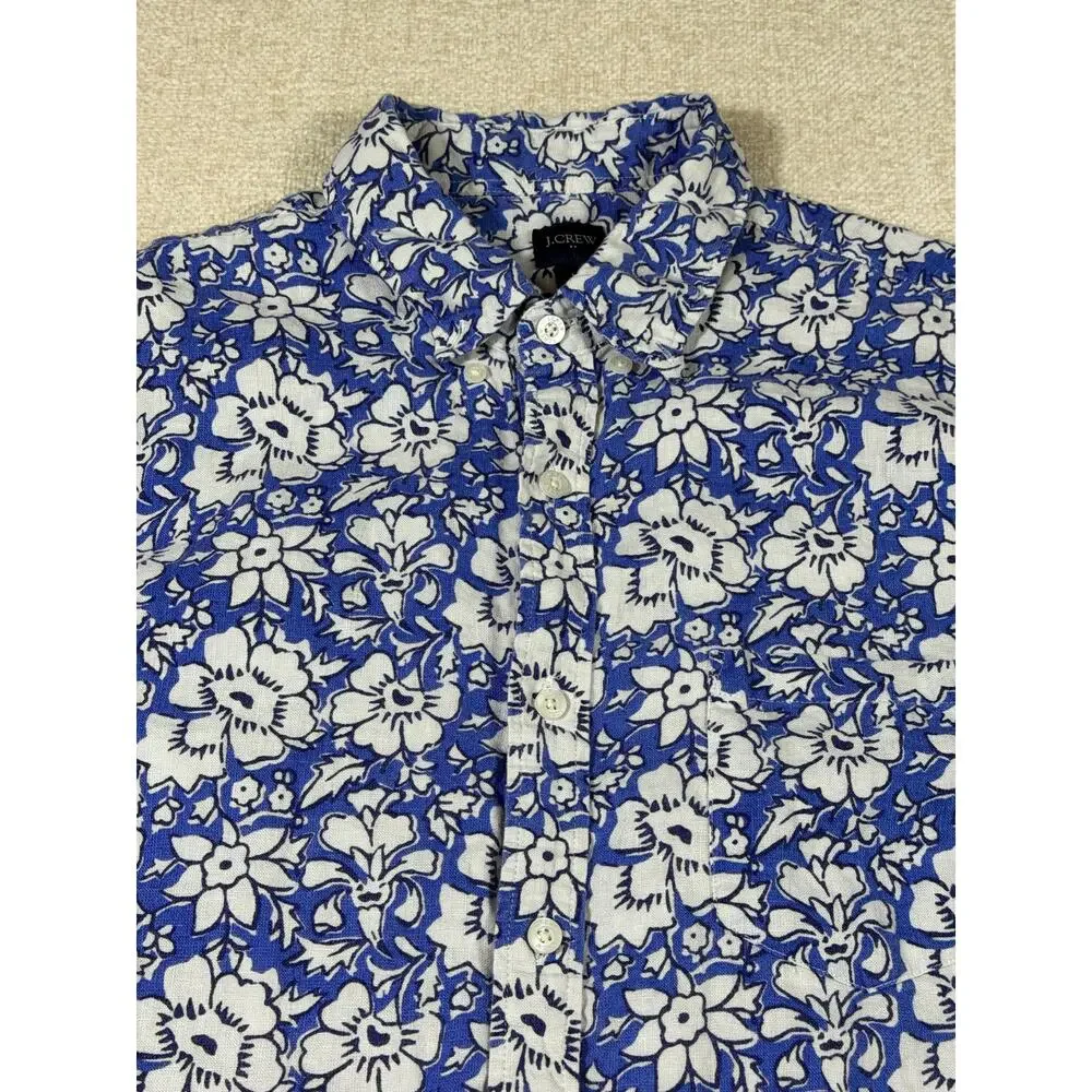 J Crew Men Large Blue White Linen Blend Short Sleeve Button Front Floral Shirt